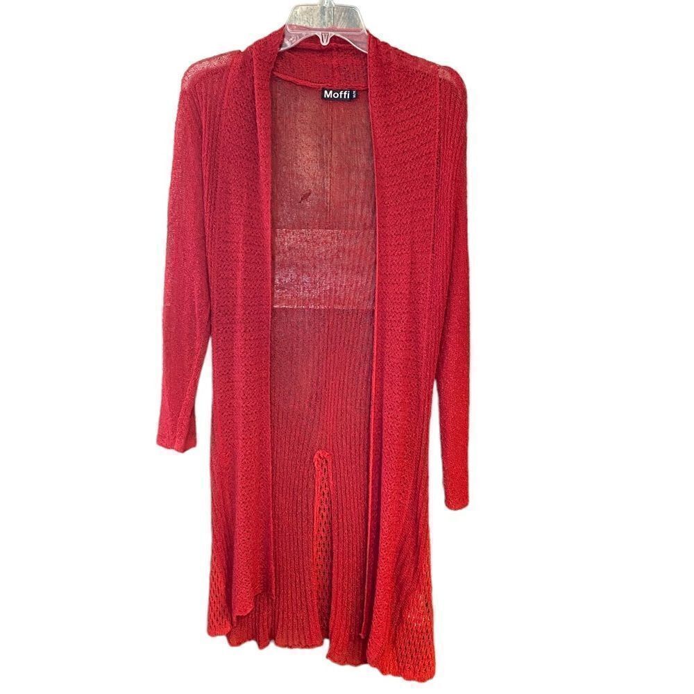 Moffi Sz M Red Stretch Knit Draped Hem Open Long Sleeve Maxi Boho Cardigan